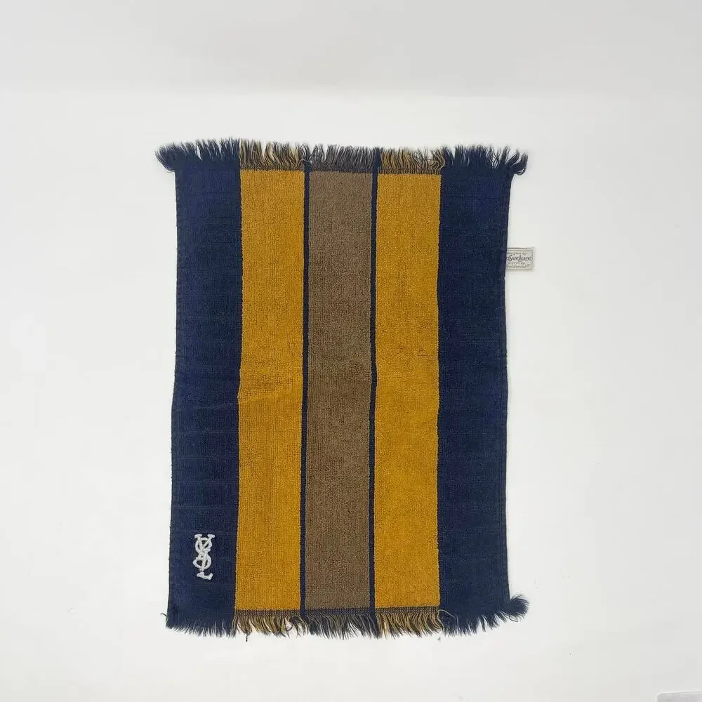 VTG YSL Yves Saint Laurent Fieldcrest‎ Hand Towel Set of 3 Navy Gold Stripe Mono